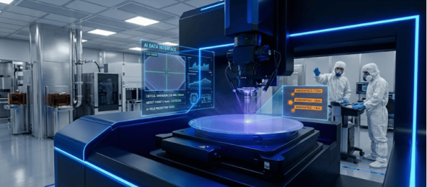 Cleanroom technicians monitor an AI-controlled wafer inspection system with holographic data overlays in a high-tech semiconductor lab