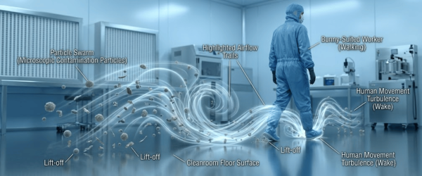 Cleanroom worker in bunny suit walking as airflow trails lift microscopic particles from floor, showing human movement turbulence