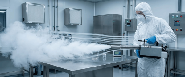 Cleanroom worker in full protective suit fogging sterilant across stainless steel tables and equipment for disinfection.