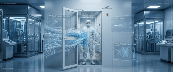 Cleanroom worker in protective suit exiting an airlock with visualized airflow streams and data overlays showing air velocity and particle removal efficiency