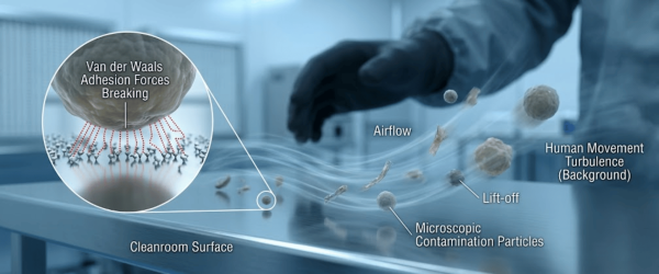 Cleanroom worker’s gloved hand creates airflow lifting microscopic contamination particles from a cleanroom surface into the air

