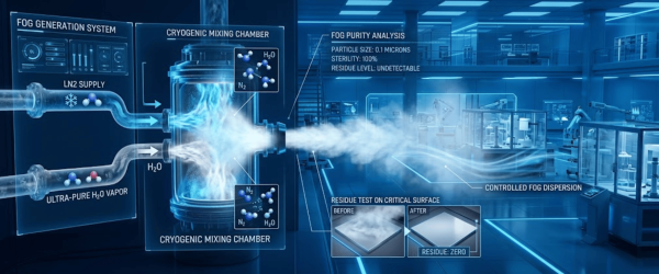 Cryogenic fog generation system diagram showing LN2 and ultra‑pure H2O vapor mixing in a chamber, producing controlled, residue‑free fog in a lab