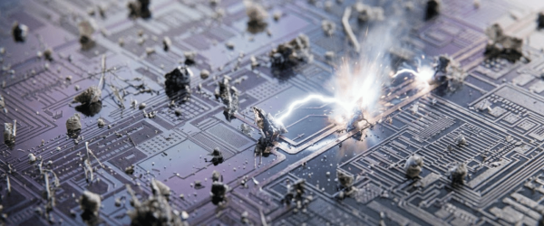 Damaged circuit board with sparks and debris scattering across broken microchip traces, bright electrical arcing and scorched components