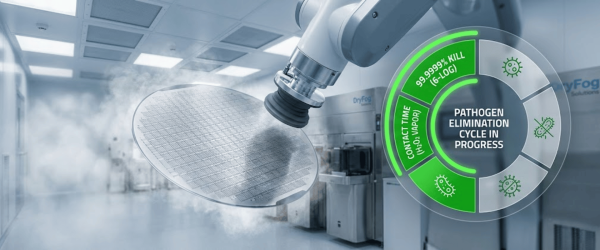 Dryfog technology Cleanroom robotic nozzle applying dry fog to semiconductor wafer, showing pathogen elimination cycle progress
