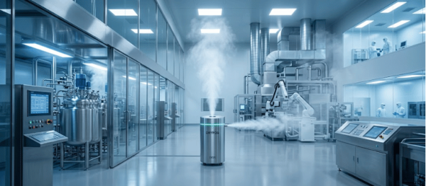 Dryfog technology fogger emitting fine dry mist disinfecting a sterile pharmaceutical production cleanroom environment