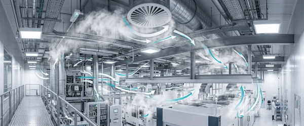 Dryfog technology industrial cleanroom with ducts and misting nozzles dispersing dry fog for controlled humidification and air treatment