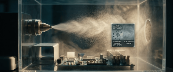 Dryfog technology nozzle spraying sub‑micron vapor over electronics to prevent wet spots and corrosion in a controlled chamber