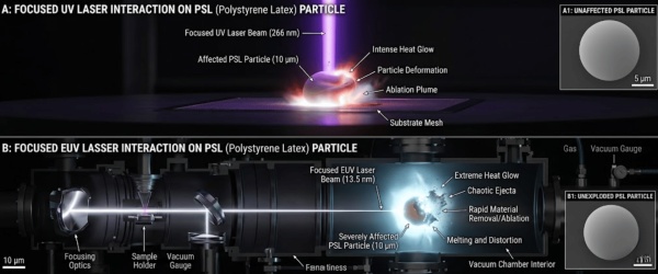Focused UV and EUV laser hits a 10µm polystyrene latex particle, causing intense glow, deformation, ablation and ejecta