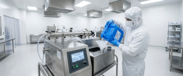 Fogger being filled with disinfectant by a technician in a sterile white cleanroom environment for sanitization