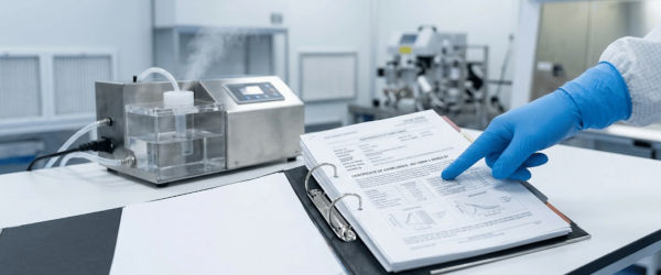 Fogger device on lab bench with technician in blue glove reviewing test report in binder, fogger used for aerosol testing and calibration