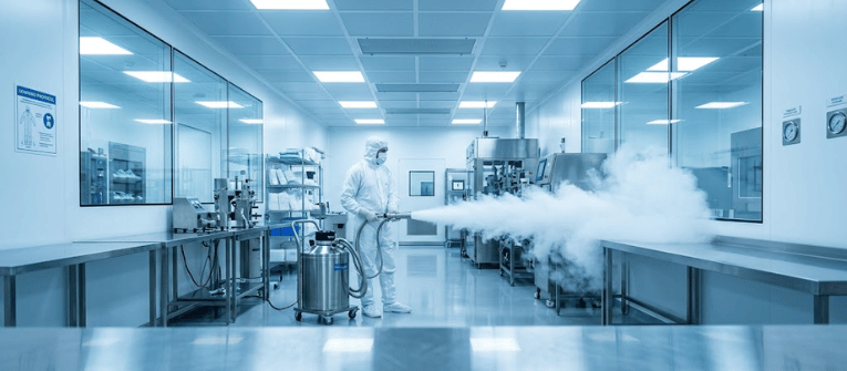 Fogger dispersing disinfectant fog across a sterile pharmaceutical cleanroom while a technician in protective suit monitors the process