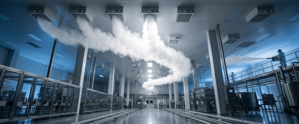 Fogger producing dense disinfectant fog swirling through a large sterile factory hall with workers and industrial equipment visible