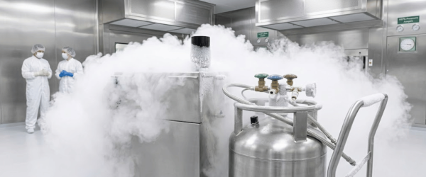 Fogger releasing dense disinfectant fog in a sterile cleanroom with personnel in protective suits and stainless steel equipment around
