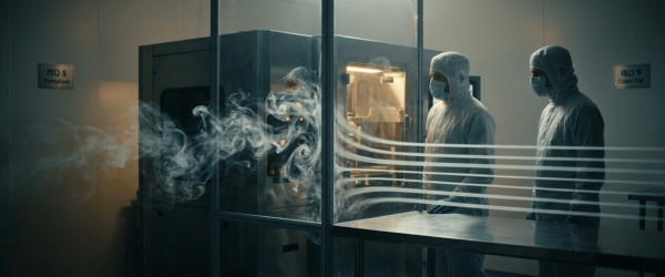 Fogger releasing sterile mist inside an ISO5 cleanroom as two technicians in protective suits and masks monitor the process