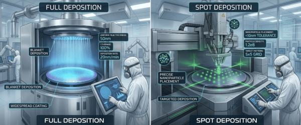Full and spot nanoparticle deposition processes shown in a cleanroom with technicians operating precise coating equipment.