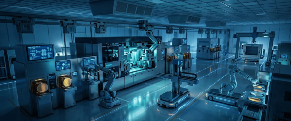 Futuristic clean factory floor with robotic arms and automated vehicles assembling high-tech components under blue lights