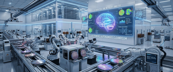 Futuristic cleanroom with robotic arms assembling semiconductor wafers on conveyor lines beneath a large AI brain analytics display