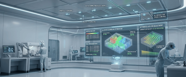Futuristic cleanroom with technicians in suits, robotic arms, AR displays showing airflow, sensors, and AI-driven environmental data