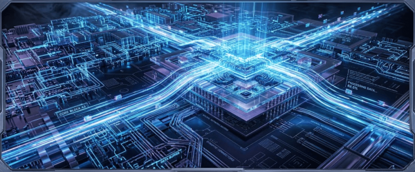 Futuristic glowing circuit hub with bright blue data streams converging into a central processor on a dark motherboard