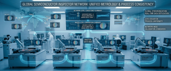 Global semiconductor inspection lab with technicians in cleanroom suits, automated wafer inspection stations connected to a central data hub and world map