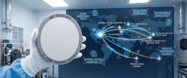 Gloved technician holds a NIST-traceable calibration wafer in a lab with a holographic world map showing global metrology links and measurement hubs