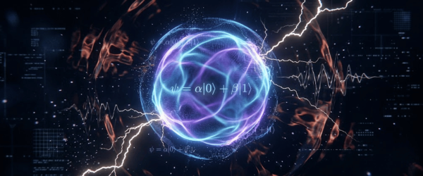 Glowing purple-blue quantum sphere with wavefunction formula, surrounded by electric arcs and data visuals