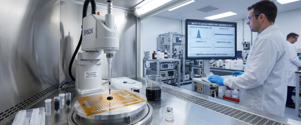 Graphene Particles being dispensed onto circuit substrate in a sterile lab by technician, analytics displayed on monitor