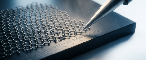 Graphene Particles: close-up of hexagonal graphene lattice on a substrate with a precision probe and ruler, scientific lab setup