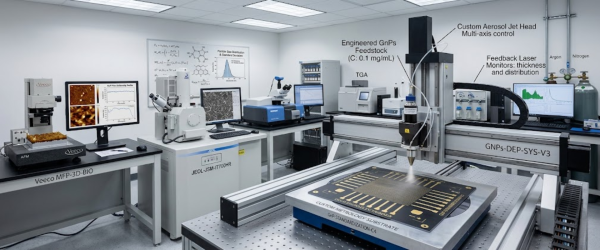 Graphene Particles research lab with precision deposition system, microscopes, monitors, and engineered GnPs equipment for materials analysis