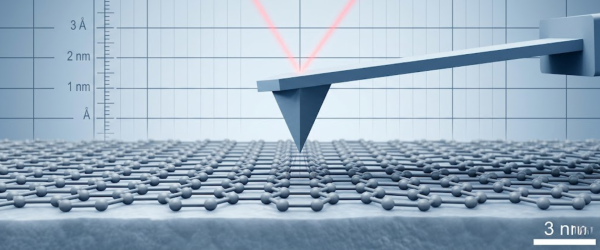 Graphene Particles scanning probe tip measuring a hexagonal graphene particle lattice under nanometer scale with grid and scale bar