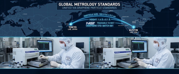 Graphene Particles technicians in cleanroom labs in Austin and Tokyo performing simultaneous calibration with measurement equipment