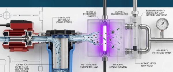 High-purity water system diagram showing motor-driven flow, sub-micron depth filter, UV sterilization chamber and gauge