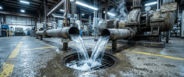 Industrial pipes pouring water into a floor drain inside a large, dimly lit factory with pumps and machinery