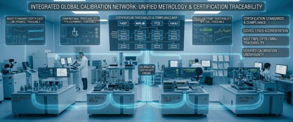 Integrated laboratory with technicians and calibration stations linked by a global certification network map showing traceability, standards, and measurement consoles