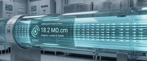 LDIRS distribution node tube with holographic integrity readout showing 18.2 MΩ·cm, locked and stable, in a clean lab.