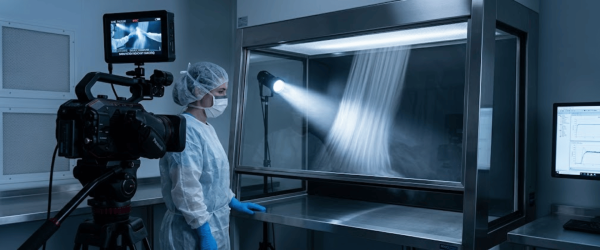 Lab technician filming aerosol flow test inside cleanroom hood, wearing protective gear and gloves USP 797 video