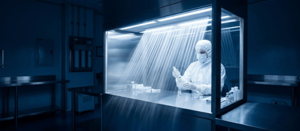 Lab technician in cleanroom preparing vials at sterile workstation, pharmaceutical production scene USP 797