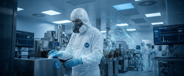 Lab technician in full cleanroom suit and mask operating sterile equipment amid glowing particle visualization in a pharmaceutical lab