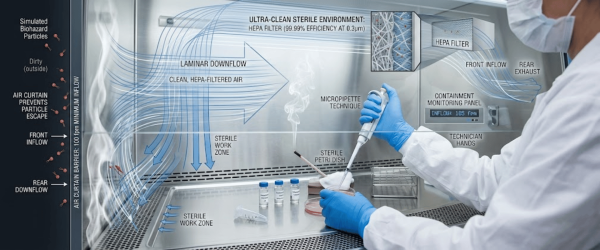 Lab technician in sterile glove using micropipette inside HEPA‑filtered laminar flow biosafety cabinet with labeled airflow