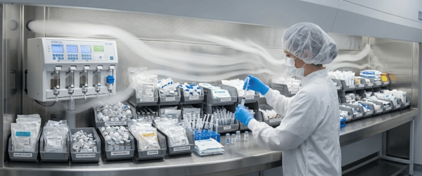 Lab worker in sterile gown and gloves preparing syringes at a cleanroom workstation with organized labeled medication trays USP 797