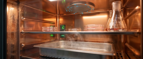Laboratory Incubator interior with shelves holding petri dishes and flasks, warm humid environment and steam visible