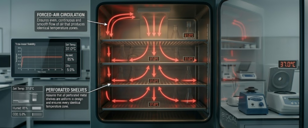 Laboratory Incubator showing forced-air circulation, perforated shelves, temperature displays and stable 37.0°C environment for samples