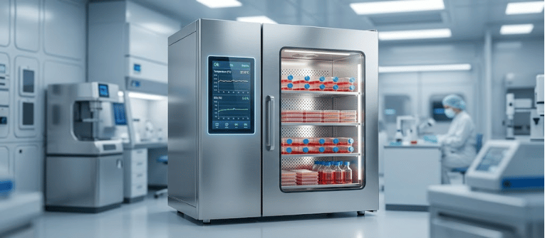 Laboratory Incubator showing stainless steel chamber with temperature display and shelves of sample bottles and petri dishes in a clean lab