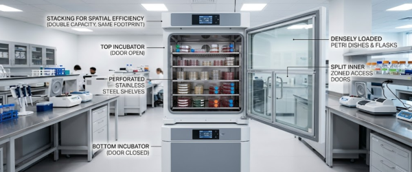Laboratory Incubator with open door showing stacked shelves of petri dishes and flasks in a modern research lab, labeled features