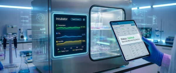 Laboratory Incubator with touchscreen showing temperature, CO₂ and humidity graphs and a gloved hand holding a tablet displaying remote monitoring status