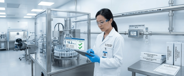 Laboratory technician in white coat and gloves checks tablet beside sterile filling machine and monitoring displays in cleanroom