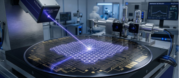 Laser scanning a hexagonal graphene lattice on a wafer in a clean lab, highlighting Graphene Particles and precision metrology tools