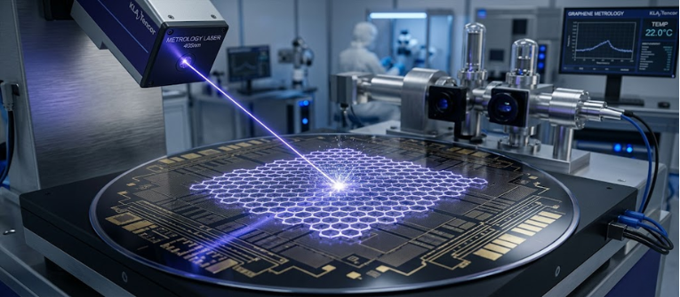 Laser scanning a hexagonal graphene lattice on a wafer in a clean lab, highlighting Graphene Particles and precision metrology tools