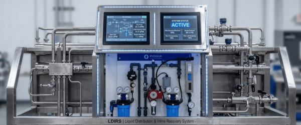 Liquid distribution and inline recovery system with stainless steel piping, gauges, filters and touchscreen displays showing system status
