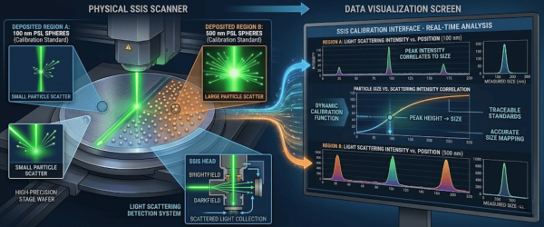 Microscope-style SSIS scanner detecting particle scatter from wafer regions with calibration graphs shown on a data visualization screen